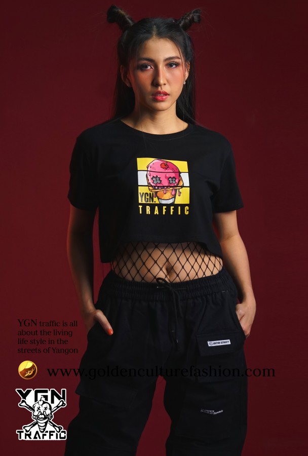 Ice -Cream Melt YGN Traffic Crop Top T-shirt (Black)